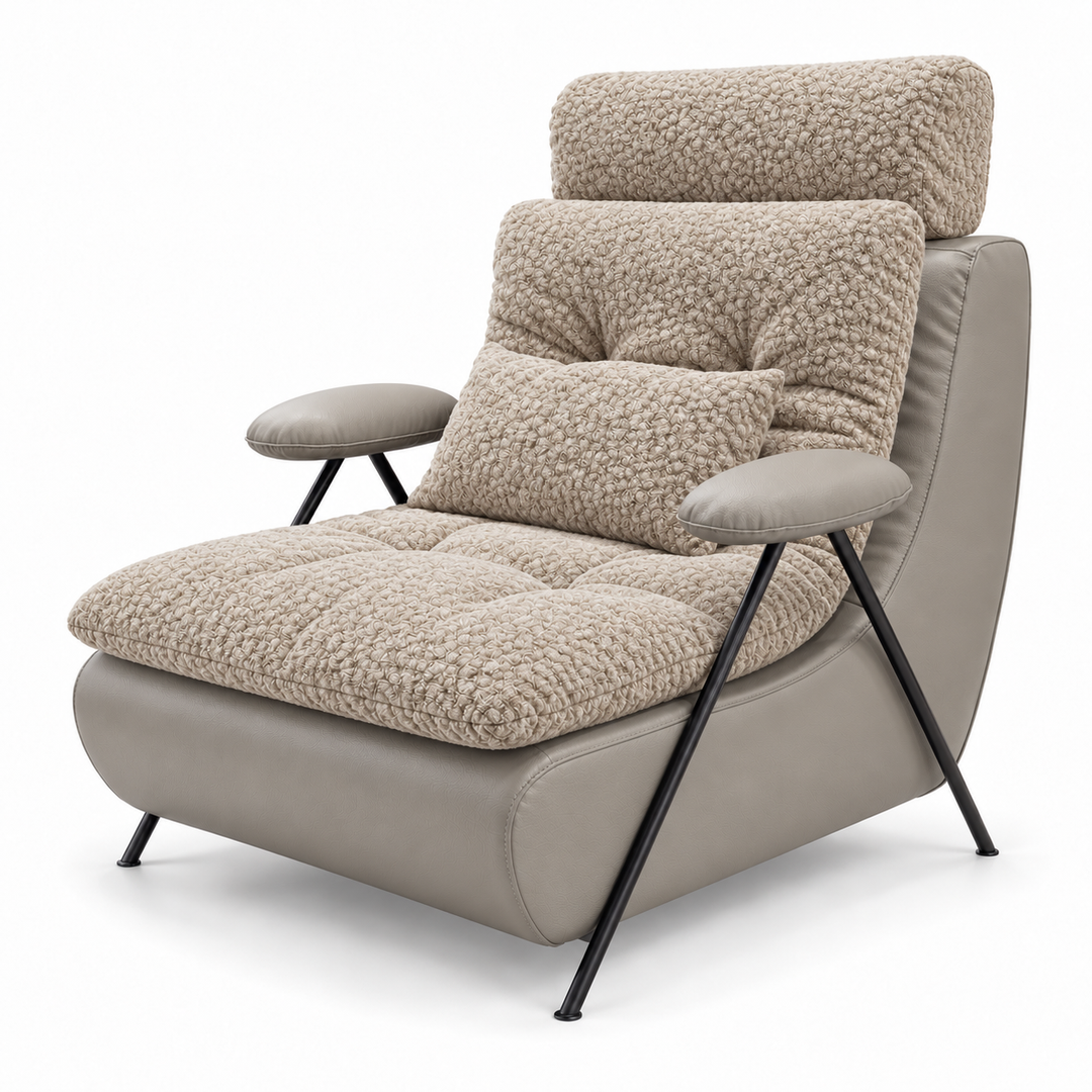 Lucas 43: headrest, backrest, seat and lumbar cushion Mello 28 Creamy Beige; body and arm pads PU 06 Light Mushroom. Upholstery visualisation.