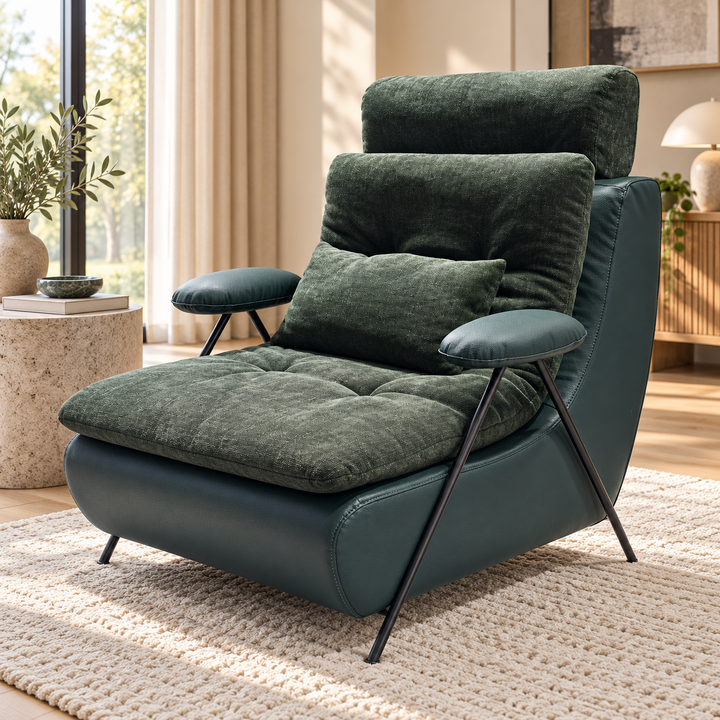Lucas Adjustable Lounge Chair in green upholstery in a sunlit living room