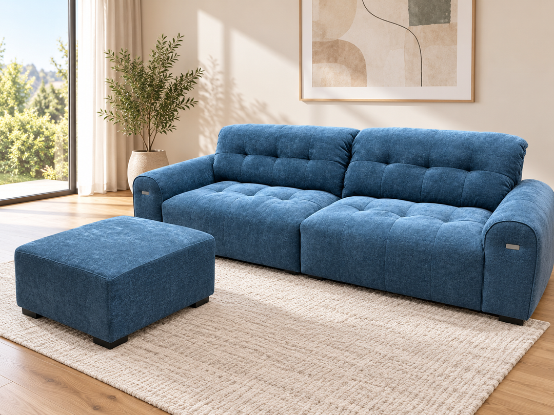 Matthew sofa with one matching ottoman in a living room — showroom blue upholstery
