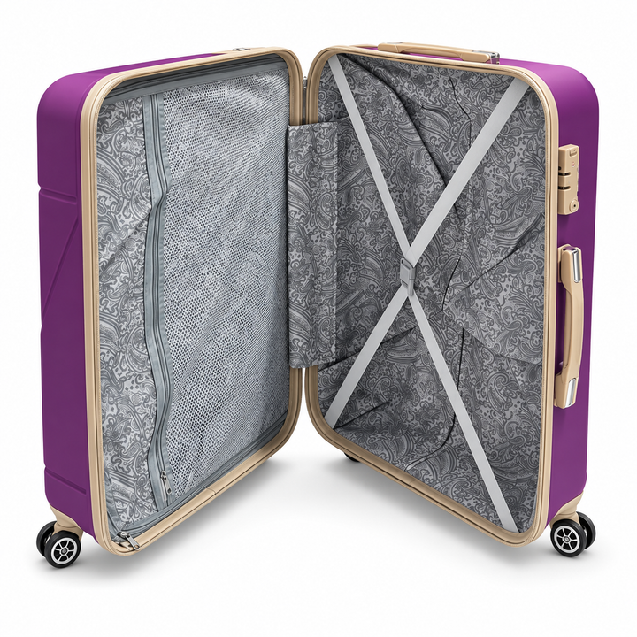 Rocklands purple suitcase interior with paisley lining mesh divider and cross straps