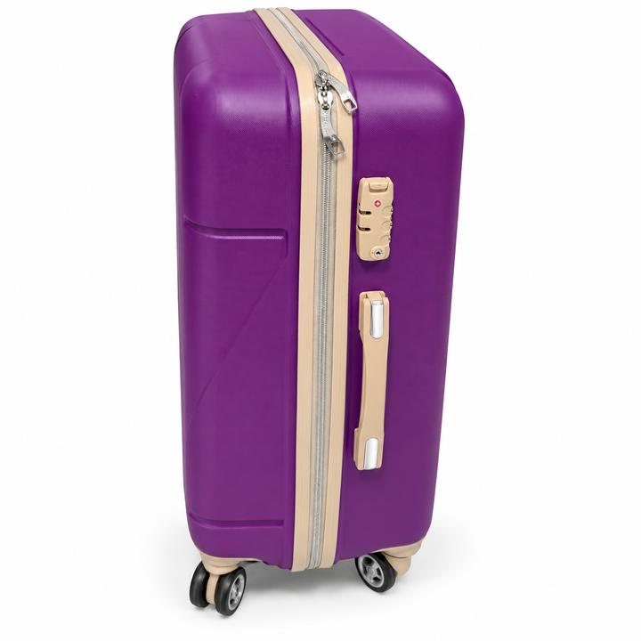 Purple Rocklands suitcase side showing TSA lock zipper and carry handle