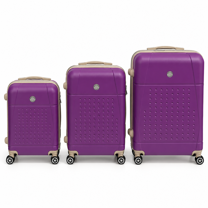 Rocklands London purple suitcases in 20, 25 and 29 inch sizes
