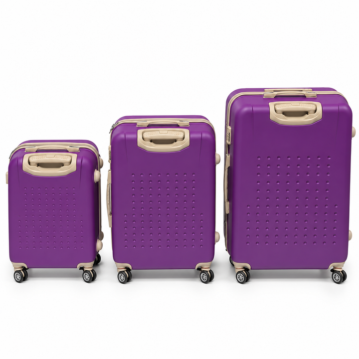 Rear view of Rocklands London purple suitcases in three sizes