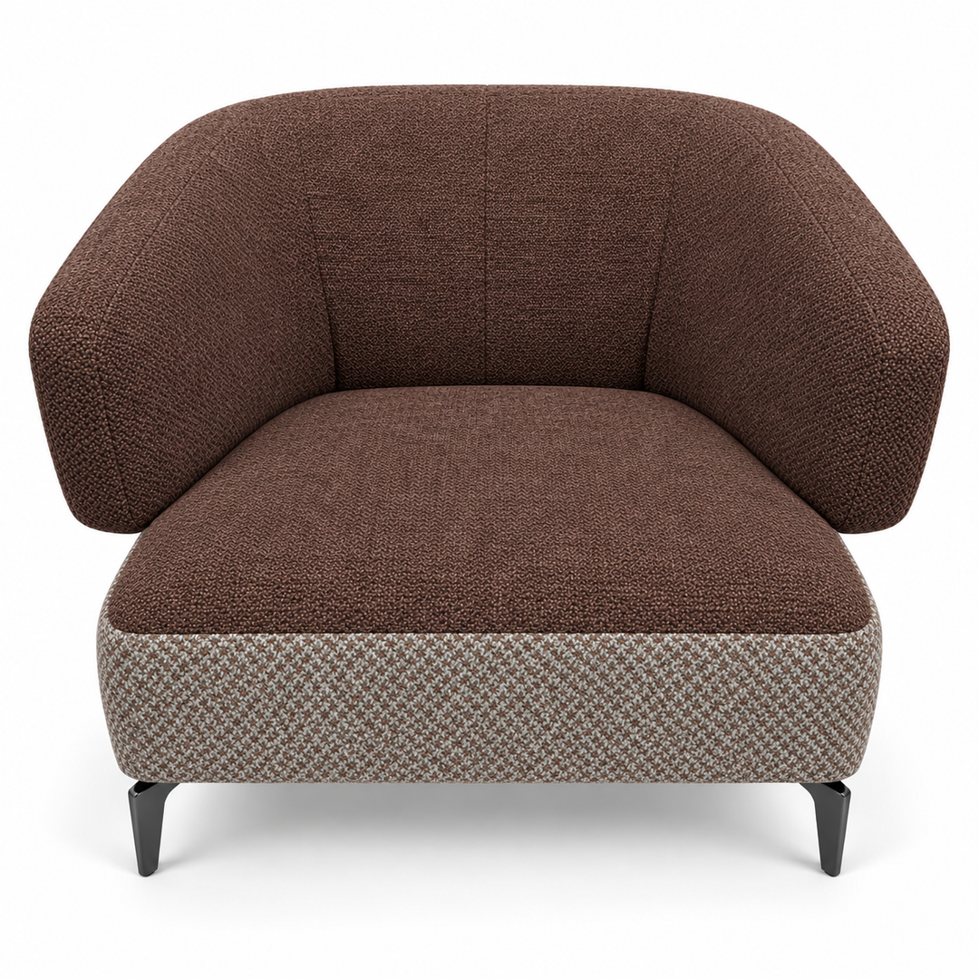 Ruby combination 3: top and curved back/arms monelli-47-chocolate-brown; lower base mora-38-warm-brown. Upholstery visualisation.