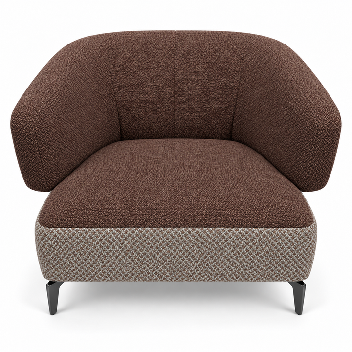 Ruby combination 3: top and curved back/arms monelli-47-chocolate-brown; lower base mora-38-warm-brown. Upholstery visualisation.