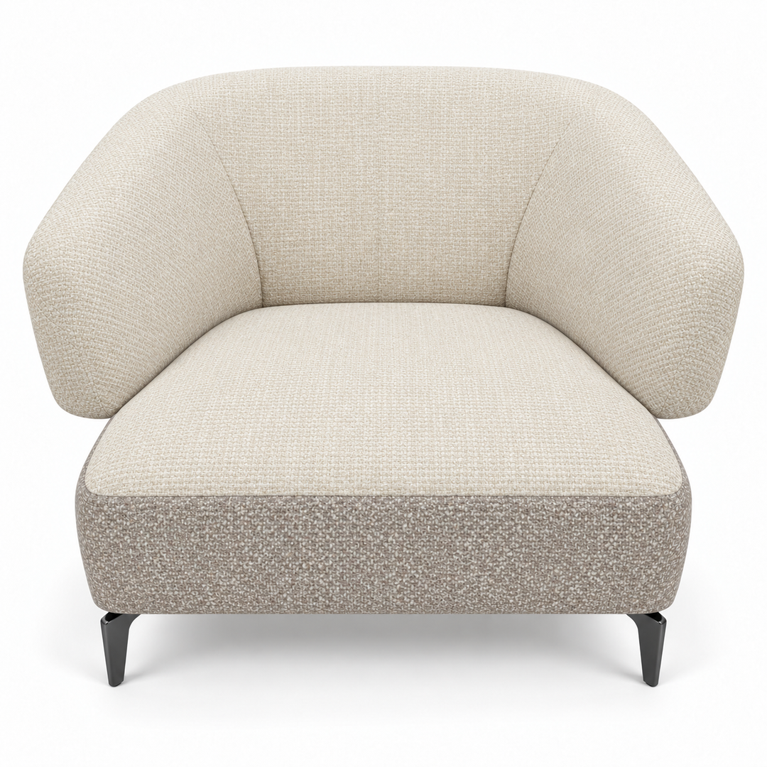 Ruby combination 4: top and curved back/arms monelli-23-warm-ivory; lower base mora-24-light-greige. Upholstery visualisation.