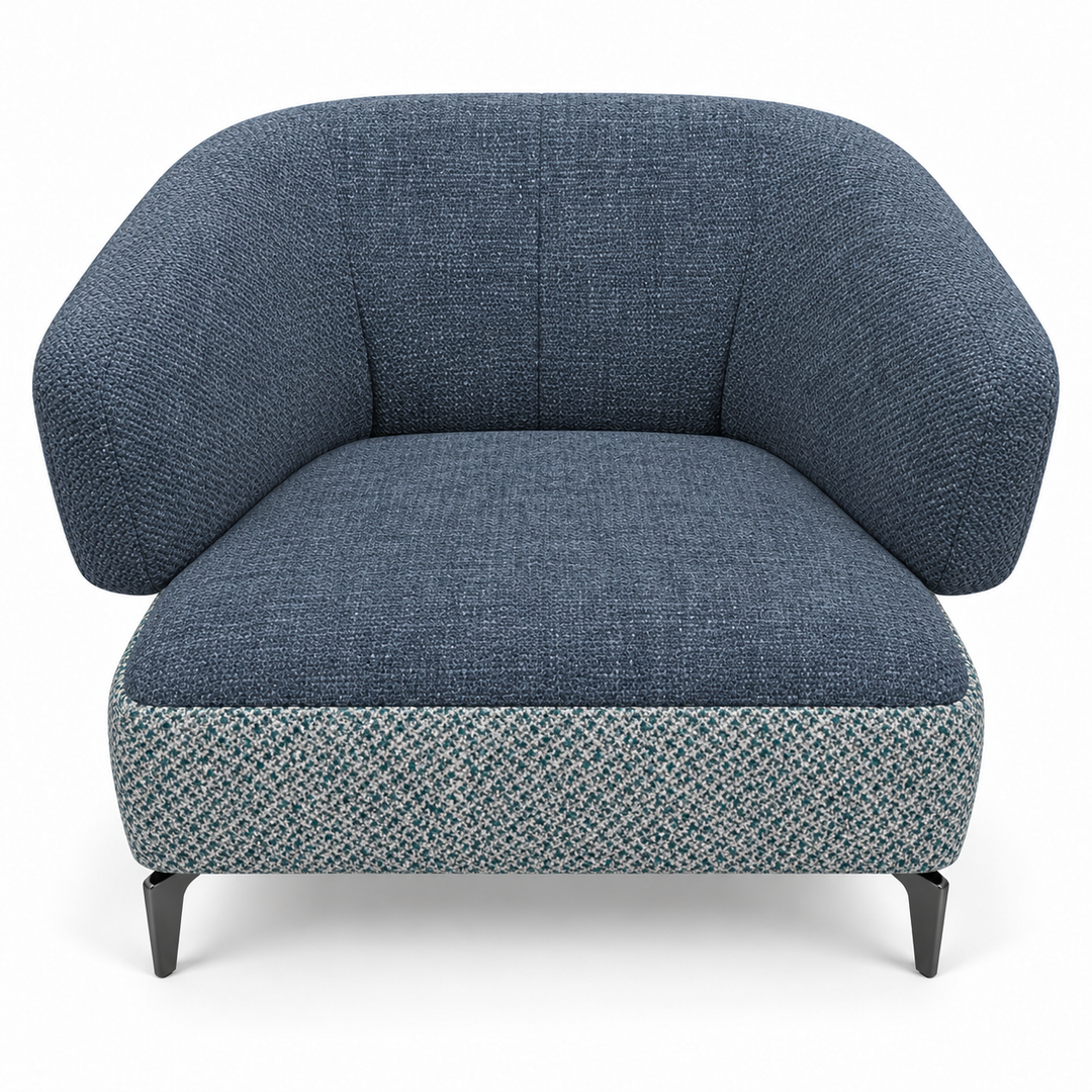 Ruby combination 6: top and curved back/arms monelli-87-deep-navy; lower base mora-89-teal-blue. Upholstery visualisation.