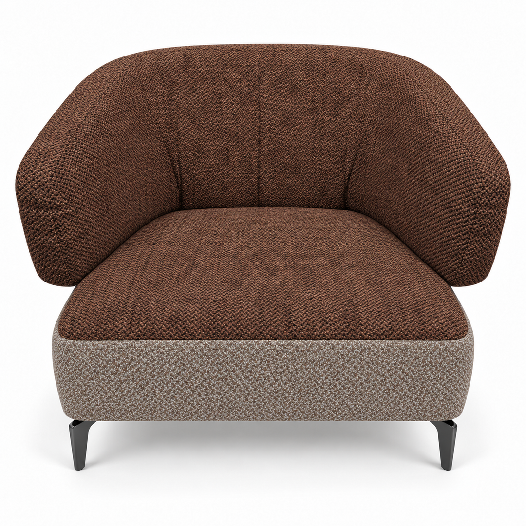 Ruby combination 10: top and curved back/arms puro-44; lower base mora-38-warm-brown. Upholstery visualisation.