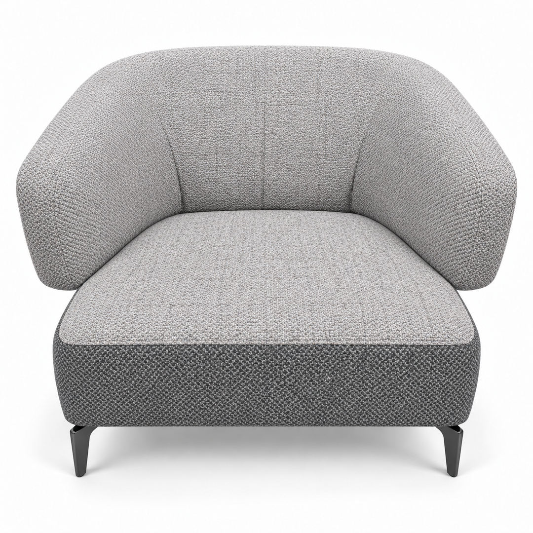 Ruby combination 12: top and curved back/arms puro-04; lower base mora-14-grey. Upholstery visualisation.