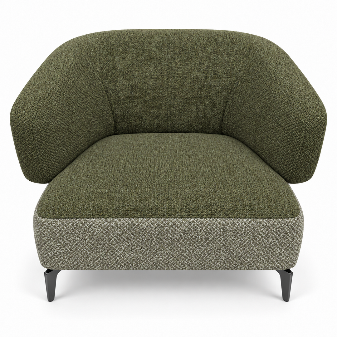 Ruby combination 14: top and curved back/arms heroy-77-olive-green; lower base mora-77-olive-green. Upholstery visualisation.