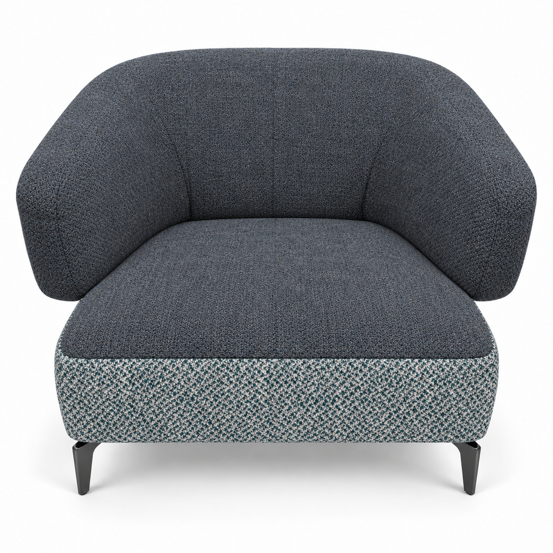 Ruby combination 15: top and curved back/arms heroy-86-smoky-navy; lower base mora-89-teal-blue. Upholstery visualisation.