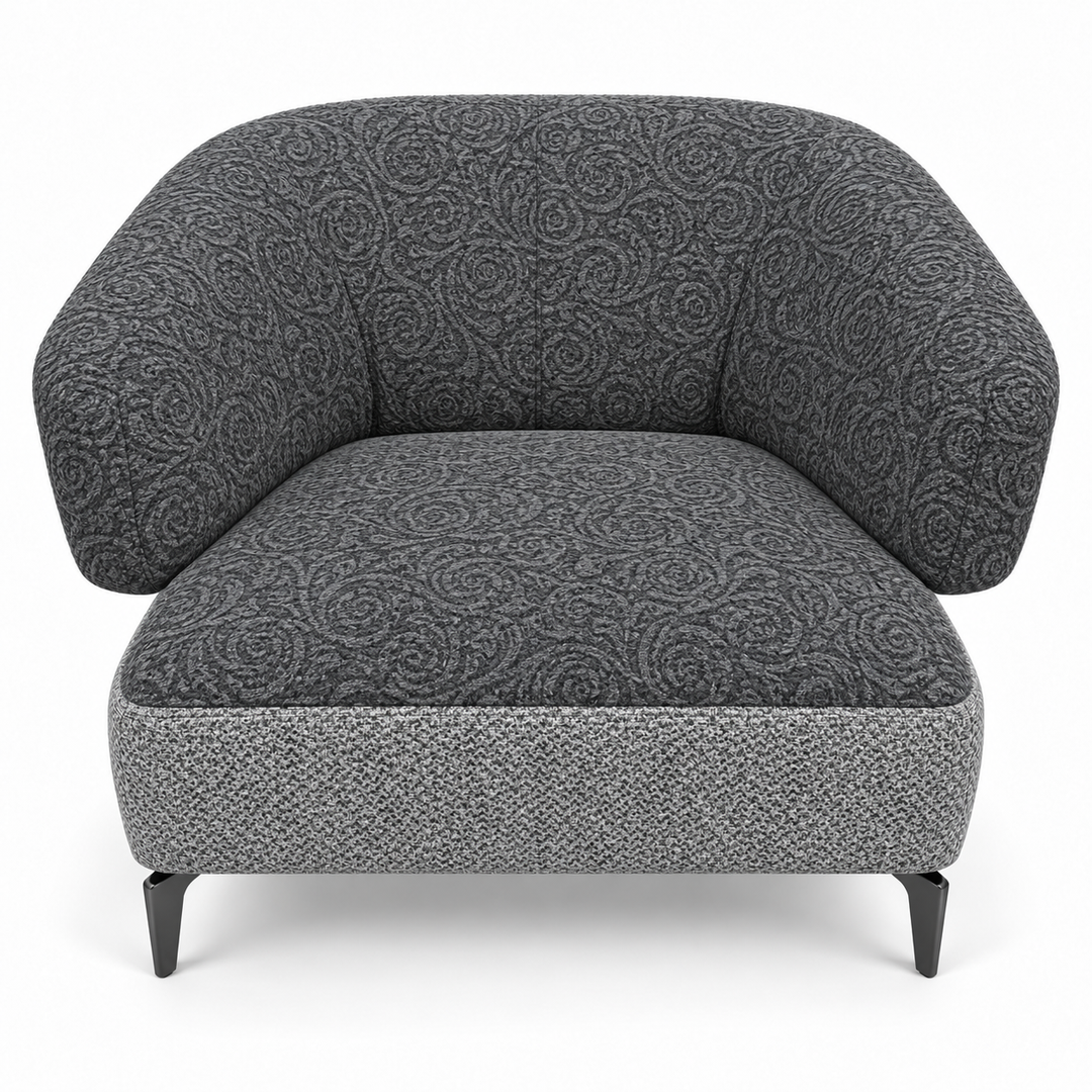 Ruby combination 17: top and curved back/arms reverb-14-charcoal-grey; lower base mora-14-grey. Upholstery visualisation.