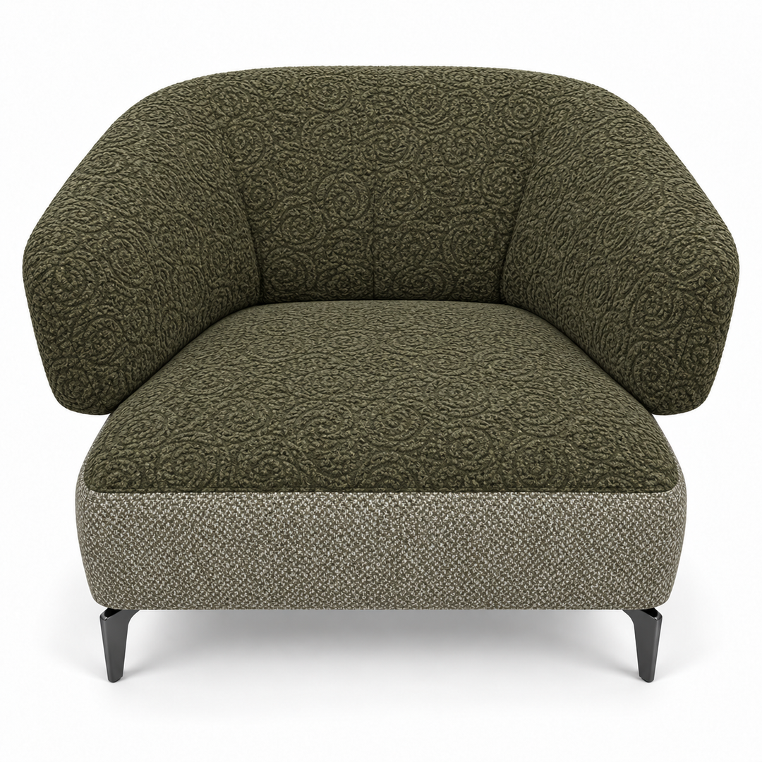 Ruby combination 18: top and curved back/arms reverb-77-dark-olive; lower base mora-77-olive-green. Upholstery visualisation.