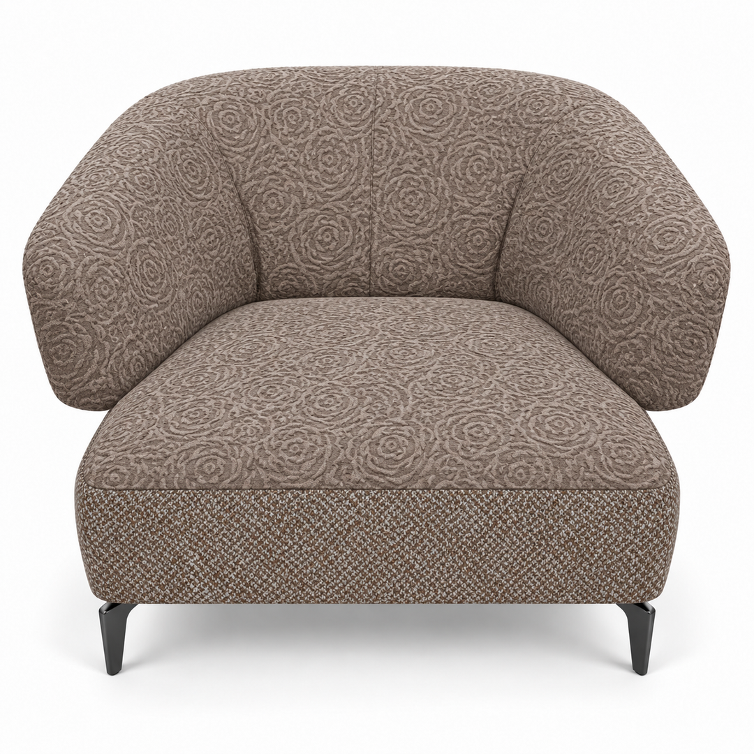 Ruby combination 20: top and curved back/arms reverb-38-mushroom-taupe; lower base mora-38-warm-brown. Upholstery visualisation.