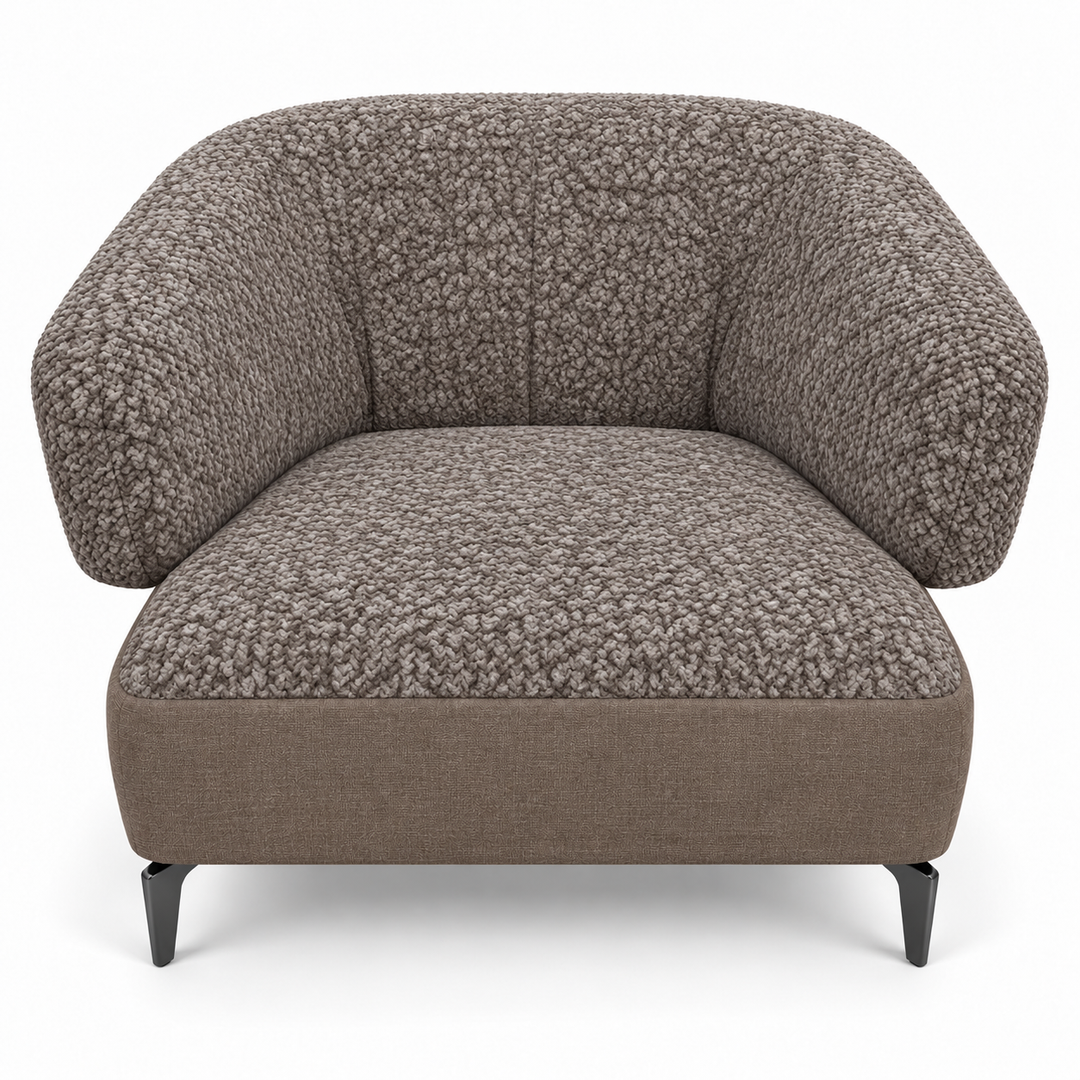 Ruby combination 24: top and curved back/arms mello-34-taupe-brown; lower base lins-38-earth-brown. Upholstery visualisation.