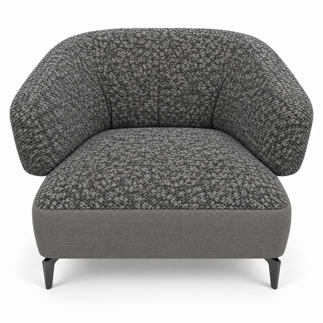 Ruby combination 25: top and curved back/arms mello-10-grey; lower base lins-12-grey. Upholstery visualisation.