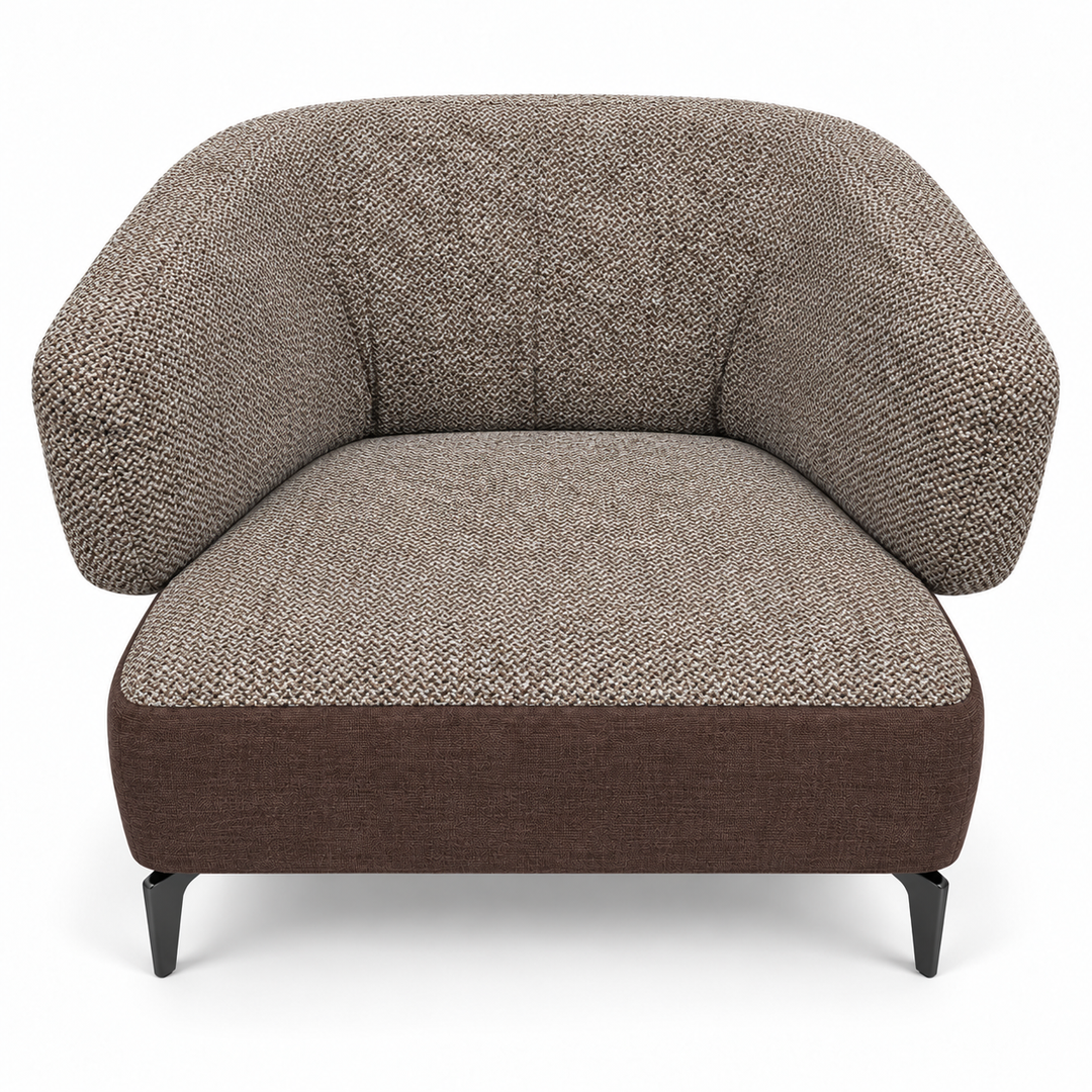 Ruby combination 28: top and curved back/arms mora-38-warm-brown; lower base monelli-47-chocolate-brown. Upholstery visualisation.