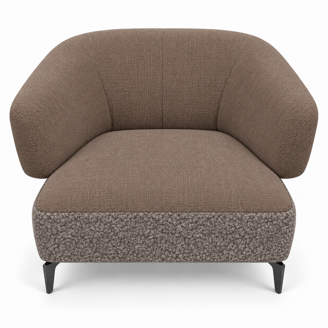 Ruby combination 34: top and curved back/arms lins-38-earth-brown; lower base mello-34-taupe-brown. Upholstery visualisation.