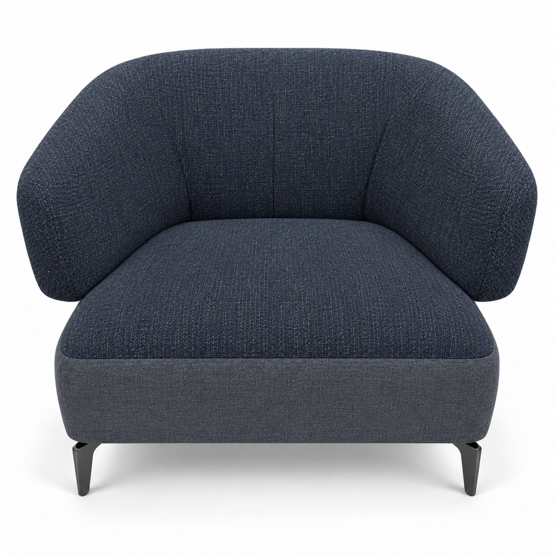 Ruby combination 36: top and curved back/arms lins-88-indigo-navy; lower base heroy-86-smoky-navy. Upholstery visualisation.
