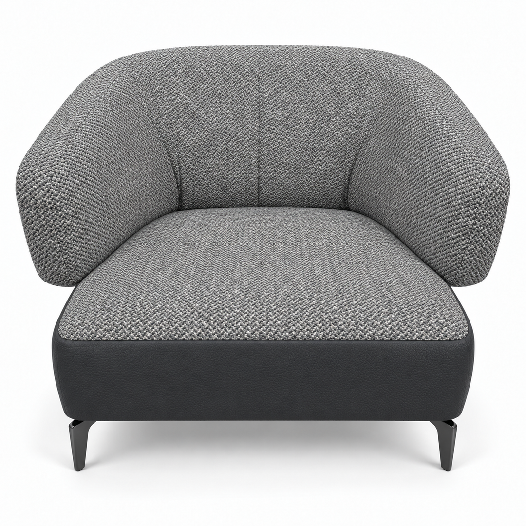 Ruby combination 38: top and curved back/arms mora-14-grey; lower base vegan-leather-01-charcoal-black. Upholstery visualisation.