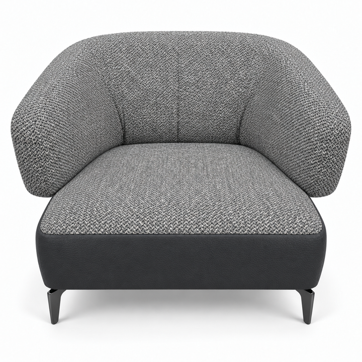 Ruby combination 38: top and curved back/arms mora-14-grey; lower base vegan-leather-01-charcoal-black. Upholstery visualisation.