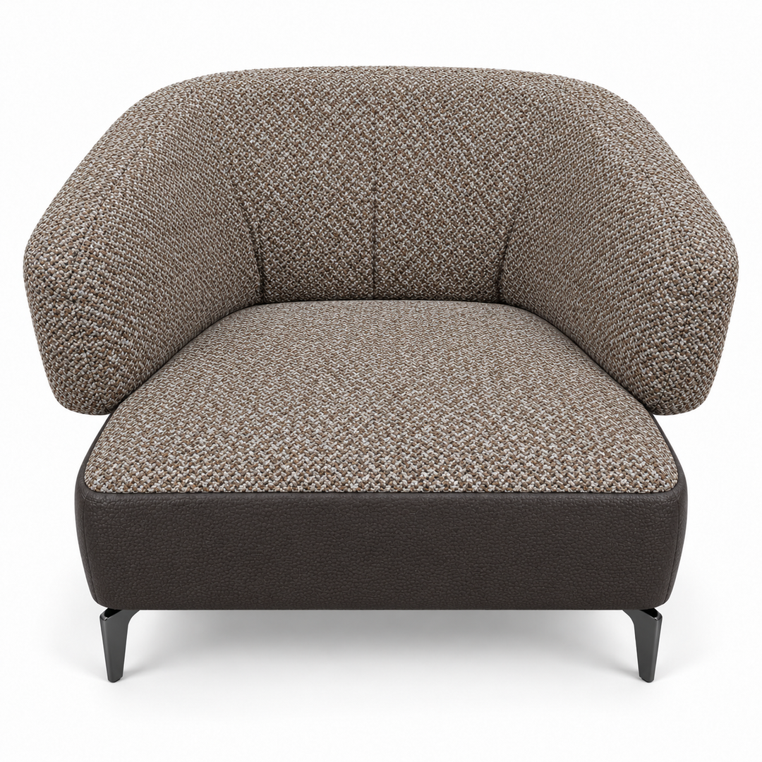 Ruby combination 39: top and curved back/arms mora-38-warm-brown; lower base vegan-leather-02-espresso-brown. Upholstery visualisation.