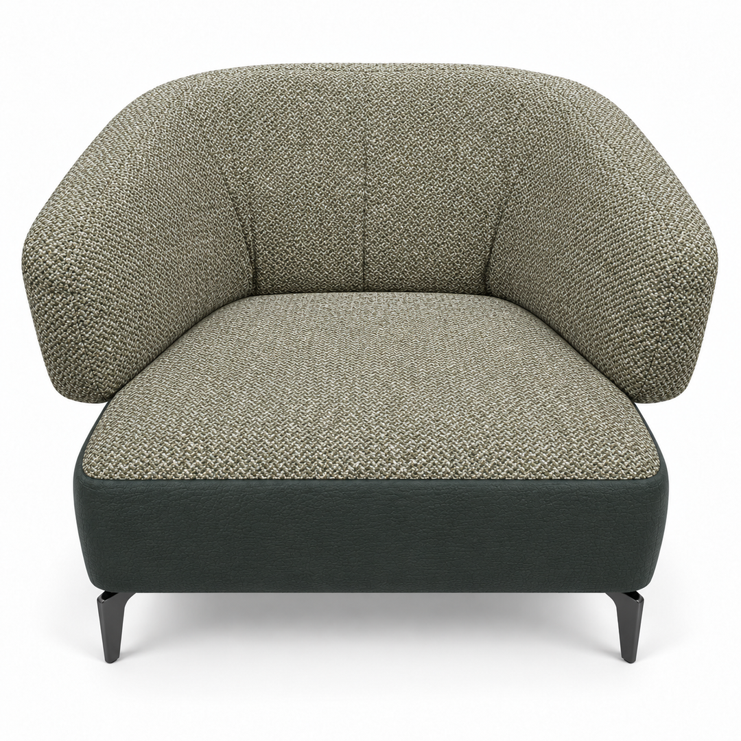 Ruby combination 40: top and curved back/arms mora-77-olive-green; lower base vegan-leather-03-deep-forest. Upholstery visualisation.