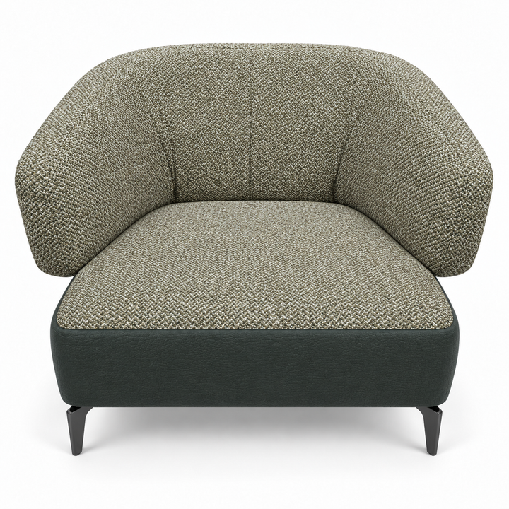 Ruby combination 40: top and curved back/arms mora-77-olive-green; lower base vegan-leather-03-deep-forest. Upholstery visualisation.
