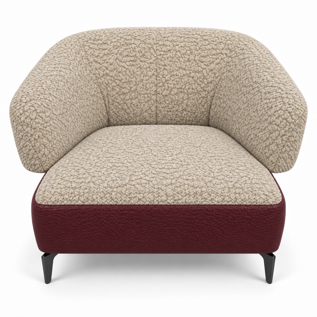 Ruby combination 41: top and curved back/arms mello-28-creamy-beige; lower base vegan-leather-04-burgundy. Upholstery visualisation.