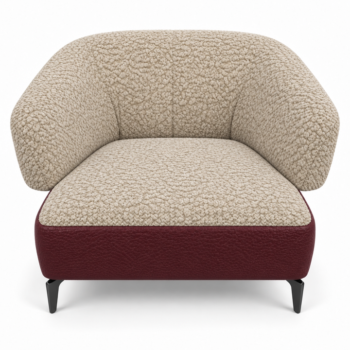 Ruby combination 41: top and curved back/arms mello-28-creamy-beige; lower base vegan-leather-04-burgundy. Upholstery visualisation.