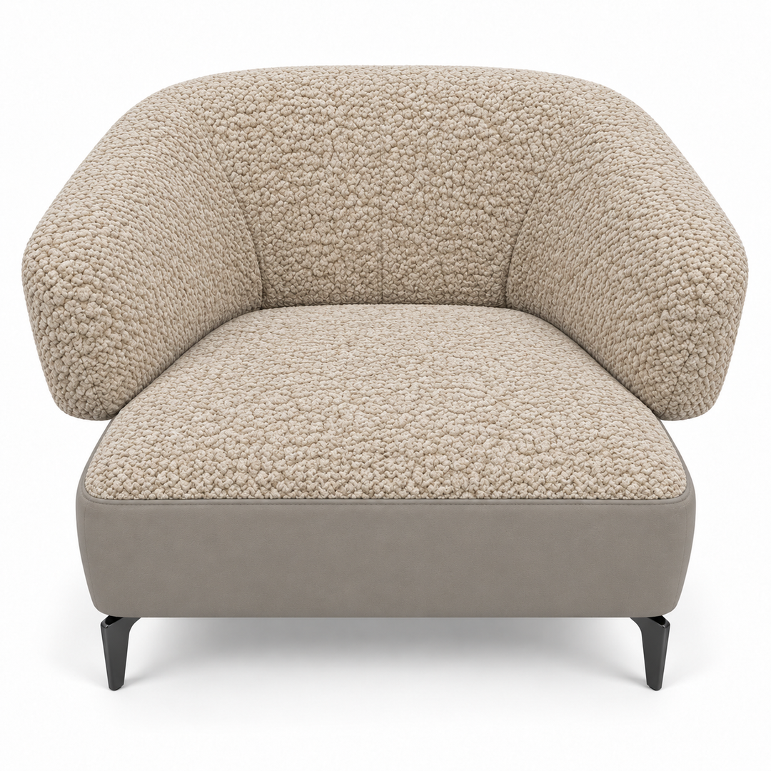 Ruby combination 43: top and curved back/arms mello-28-creamy-beige; lower base vegan-leather-06-light-mushroom. Upholstery visualisation.