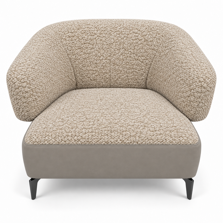 Ruby combination 43: top and curved back/arms mello-28-creamy-beige; lower base vegan-leather-06-light-mushroom. Upholstery visualisation.