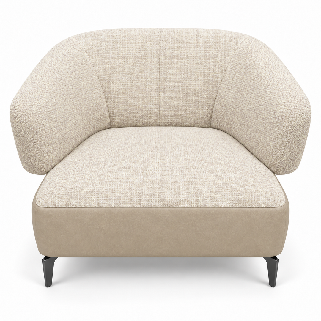 Ruby combination 44: top and curved back/arms monelli-23-warm-ivory; lower base vegan-leather-07-warm-beige. Upholstery visualisation.