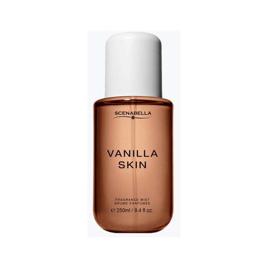 Vanilla Skin fragrance mist in a brown rounded rectangular bottle with white cap