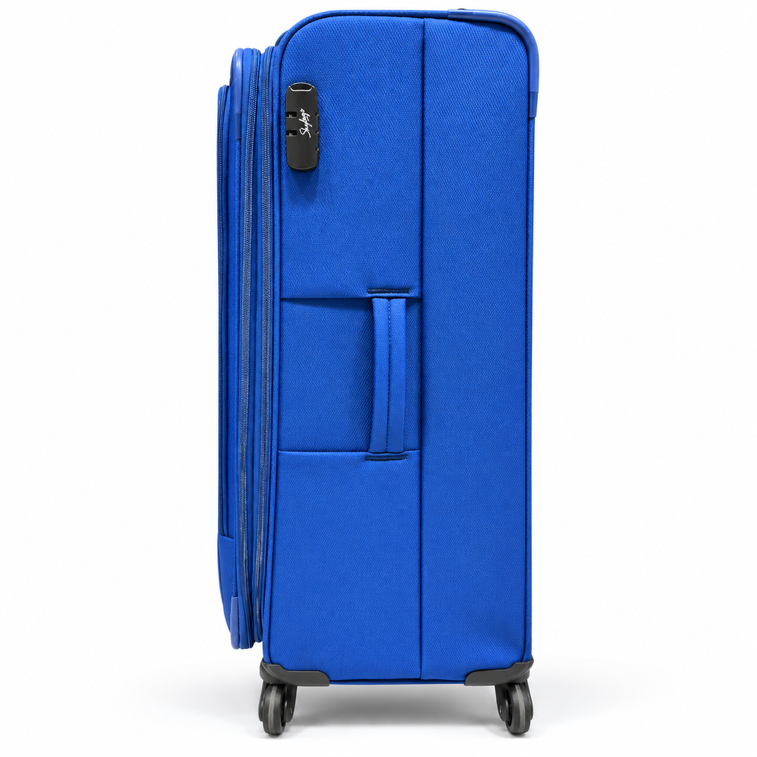 Skybags blue suitcase side view with handle and combination lock