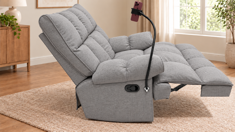 Victoria Plush Recliner Chair - Monelli 06 — Light Grey - living room with phone holder and illustrative iPhone