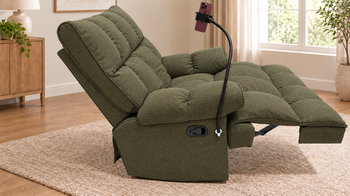 Victoria Plush Recliner Chair - Heroy 77 - Olive Green - living room with phone holder and illustrative iPhone