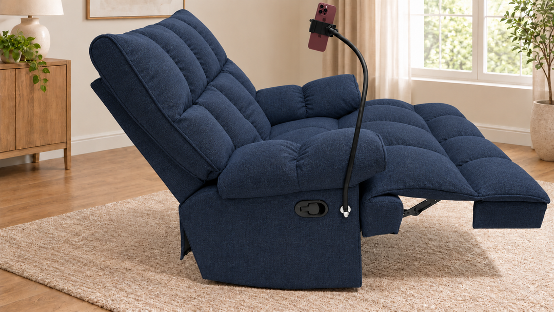 Victoria Plush Recliner Chair - Heroy 86 - Smoky Navy - living room with phone holder and illustrative iPhone