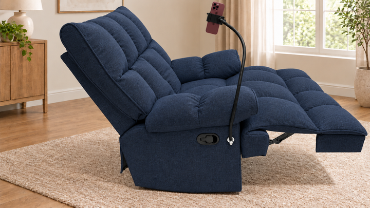 Victoria Plush Recliner Chair - Heroy 86 - Smoky Navy - living room with phone holder and illustrative iPhone
