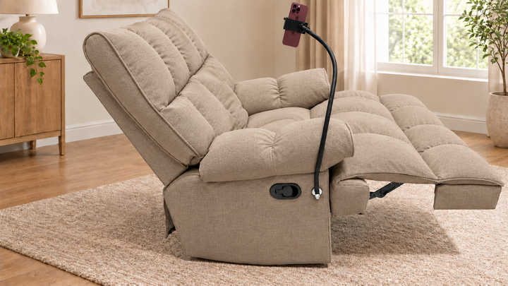 Victoria Plush Recliner Chair - Heroy 29 - Warm Beige - living room with phone holder and illustrative iPhone