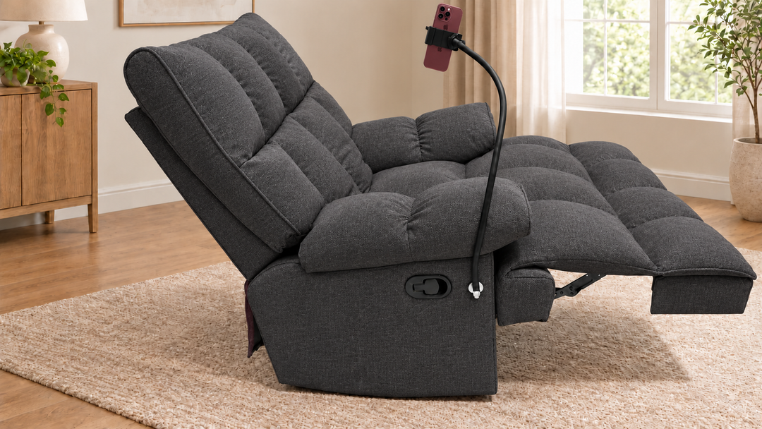 Victoria Plush Recliner Chair - Reverb 14 - Charcoal Grey - living room with phone holder and illustrative iPhone