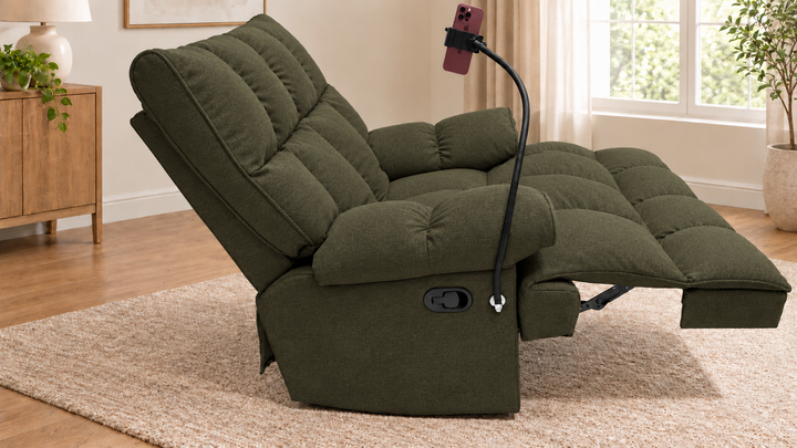 Victoria Plush Recliner Chair - Reverb 77 - Dark Olive - living room with phone holder and illustrative iPhone
