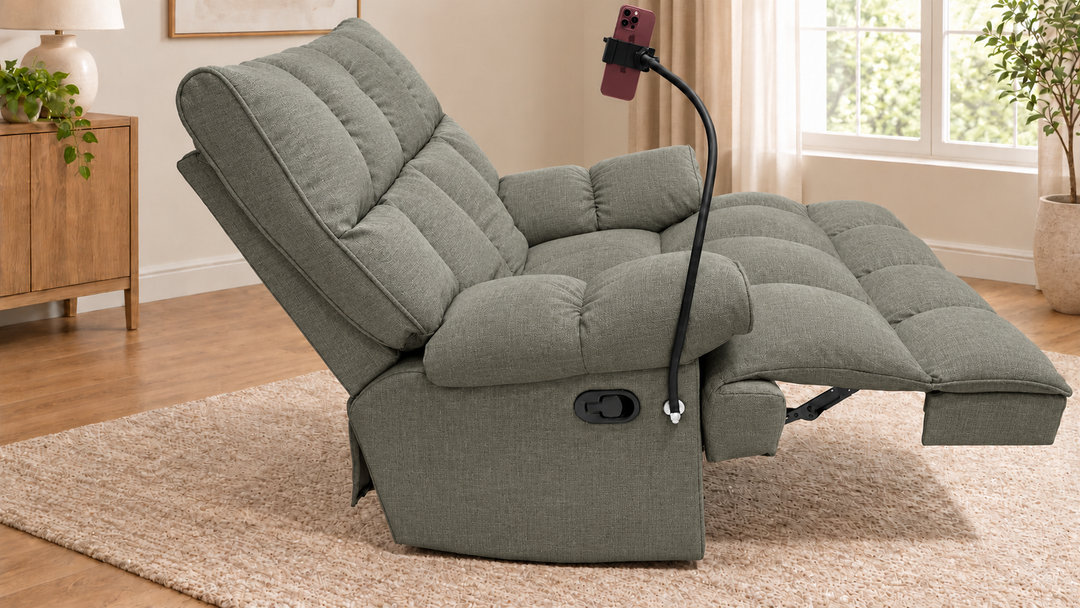 Victoria Plush Recliner Chair - Reverb 71 - Sage Grey - living room with phone holder and illustrative iPhone