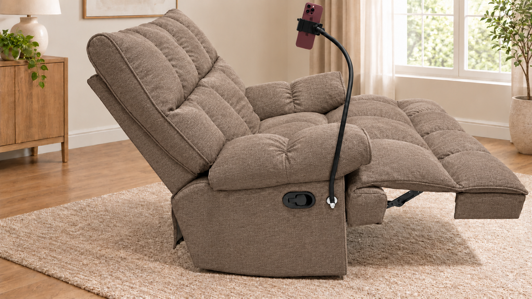 Victoria Plush Recliner Chair - Reverb 38 - Mushroom Taupe - living room with phone holder and illustrative iPhone