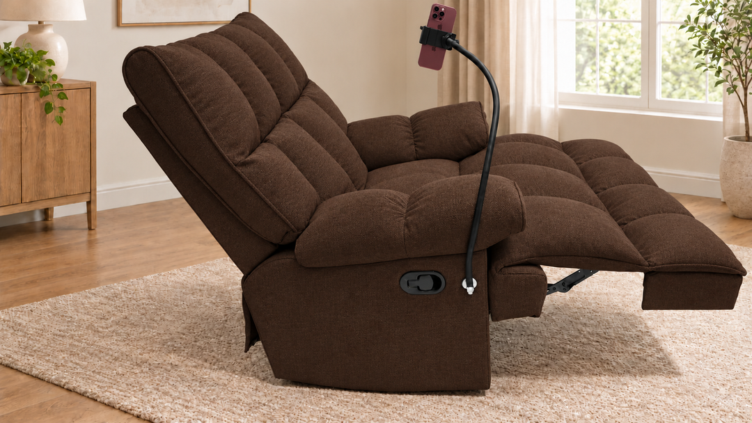 Victoria Plush Recliner Chair - Monelli47-chocolate brown - living room with phone holder and illustrative iPhone