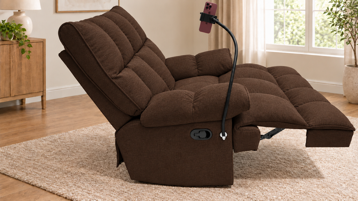 Victoria Plush Recliner Chair - Monelli47-chocolate brown - living room with phone holder and illustrative iPhone