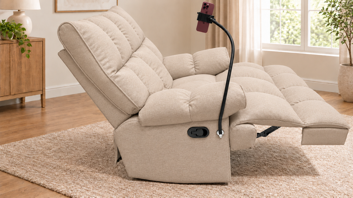 Victoria Plush Recliner Chair - Reverb 26 - Cream Beige - living room with phone holder and illustrative iPhone