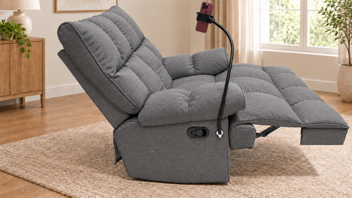 Victoria Plush Recliner Chair - Reverb 08 - Cool Grey - living room with phone holder and illustrative iPhone