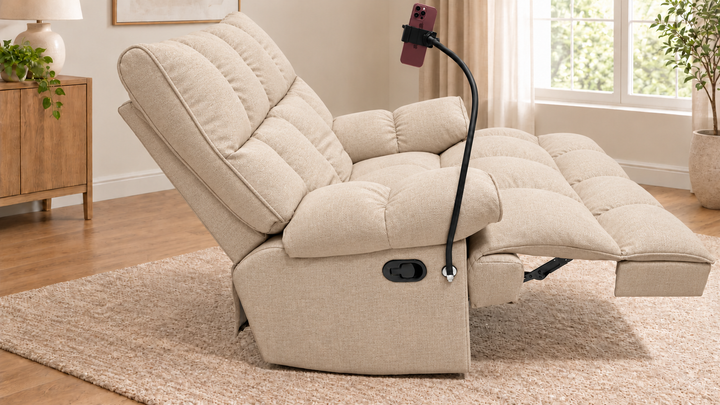 Victoria Plush Recliner Chair - Mello 28 - Creamy Beige - living room with phone holder and illustrative iPhone