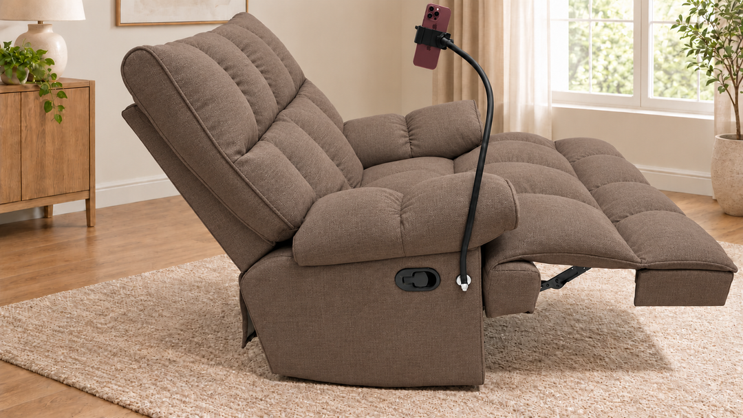Victoria Plush Recliner Chair - Mello 34 - Taupe Brown - living room with phone holder and illustrative iPhone